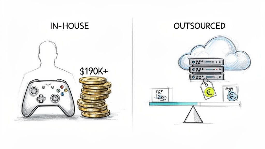Visual comparison of in-house (person, controller, $190K+ cost) versus outsourced (cloud, servers, balanced euro costs).