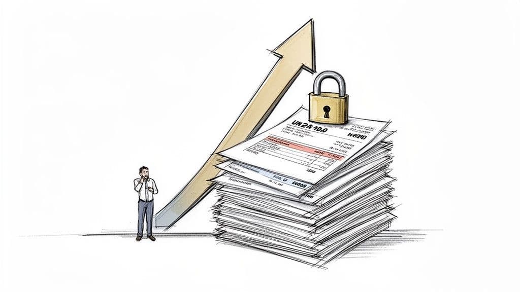 Illustration: A man contemplating a secured stack of financial documents with an upward trend arrow.