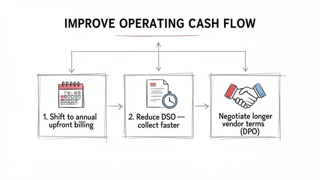 Diagram illustrating three methods to improve operating cash flow: annual upfront billing, reducing DSO, and negotiating longer vendor terms.