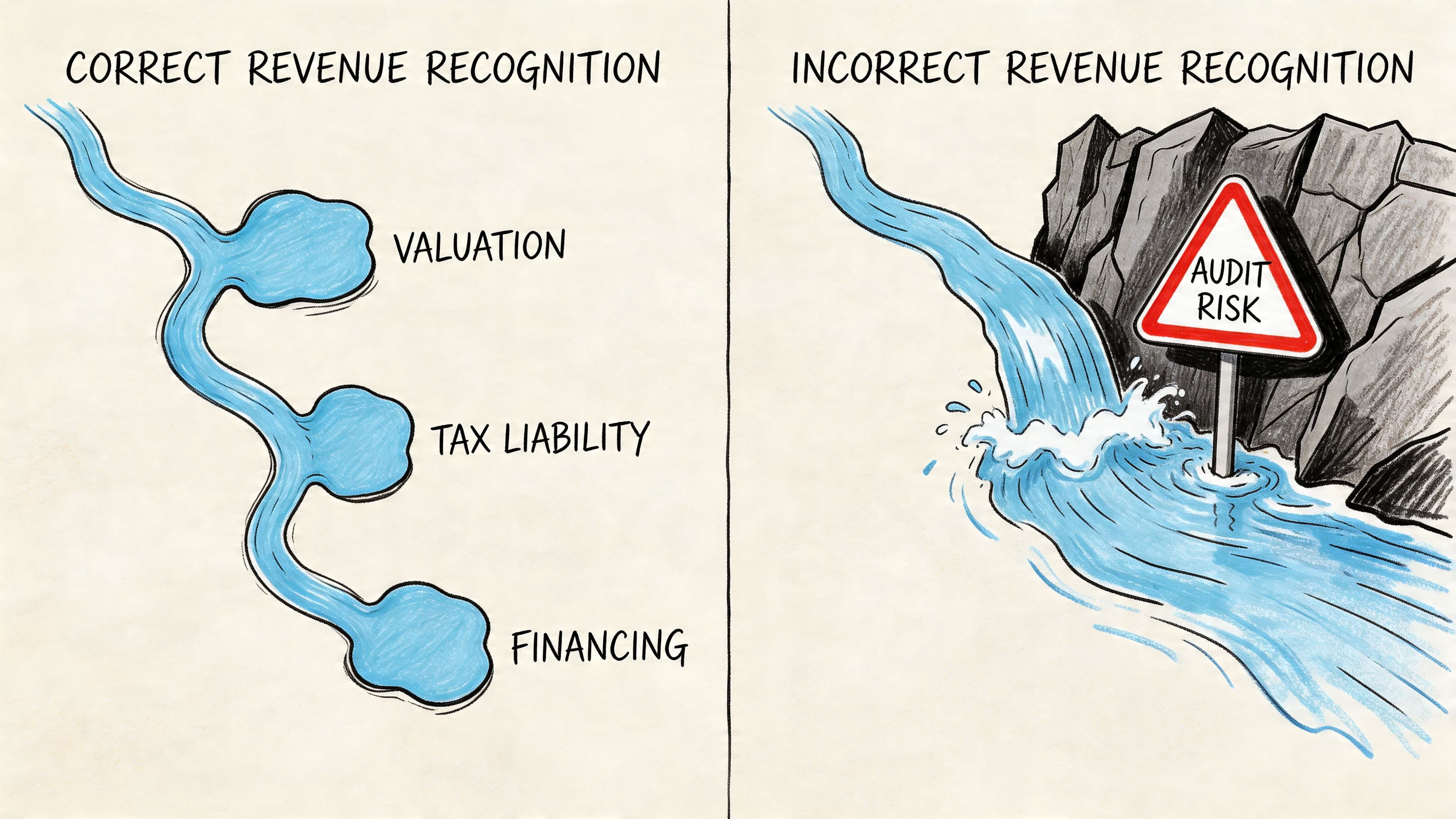 A split illustration comparing correct revenue recognition steps against an incorrect approach causing audit risk.