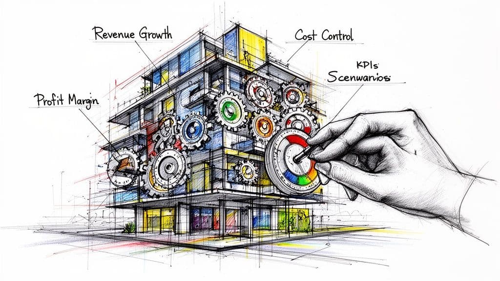 A conceptual sketch showing a hand adjusting gears on a building, representing business management and growth.