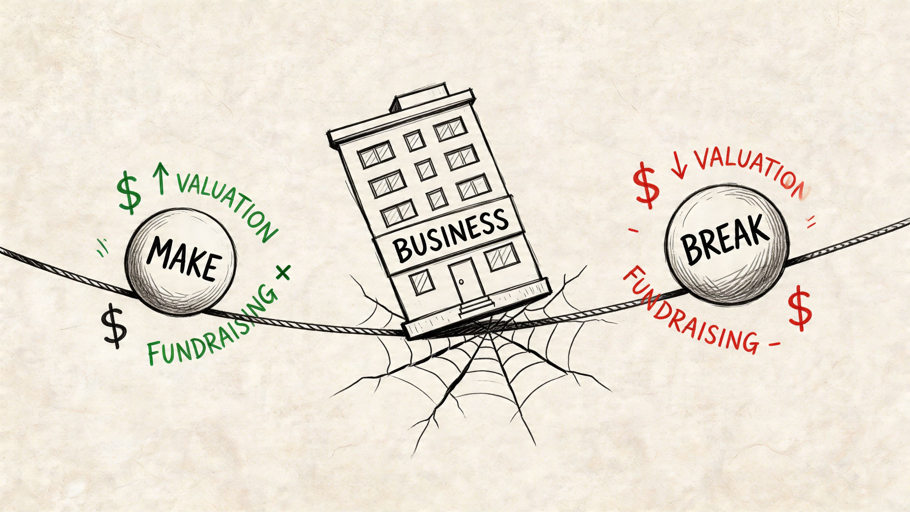 A conceptual illustration comparing business success and failure related to valuation and fundraising on a tightrope.