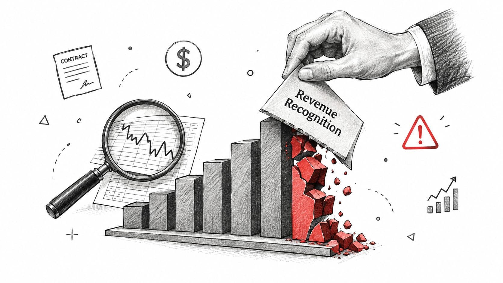 A hand placing a Revenue Recognition label on a crumbling financial bar chart under scrutiny.