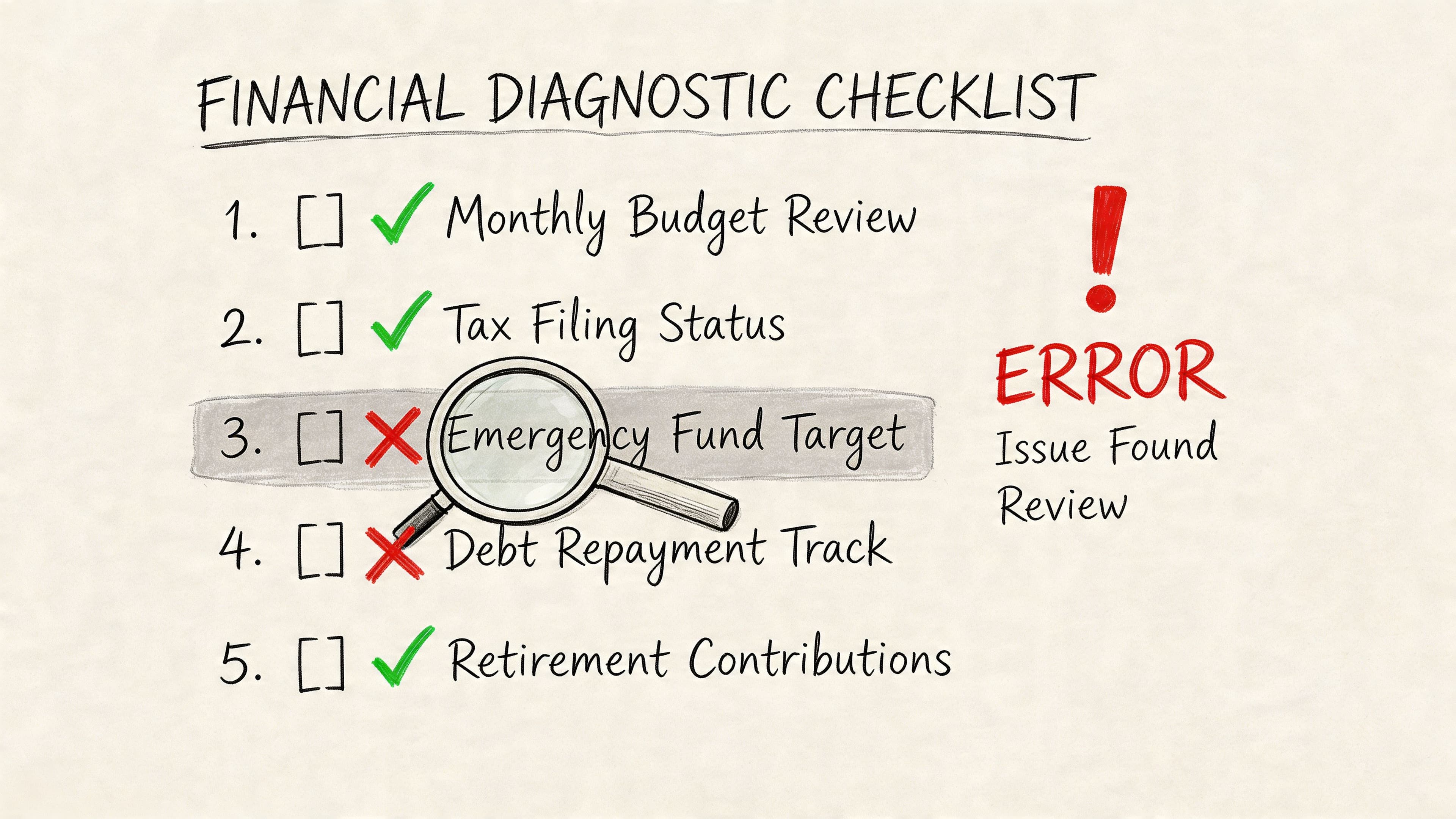 A financial diagnostic checklist showing a highlighted emergency fund target marked with an error symbol.