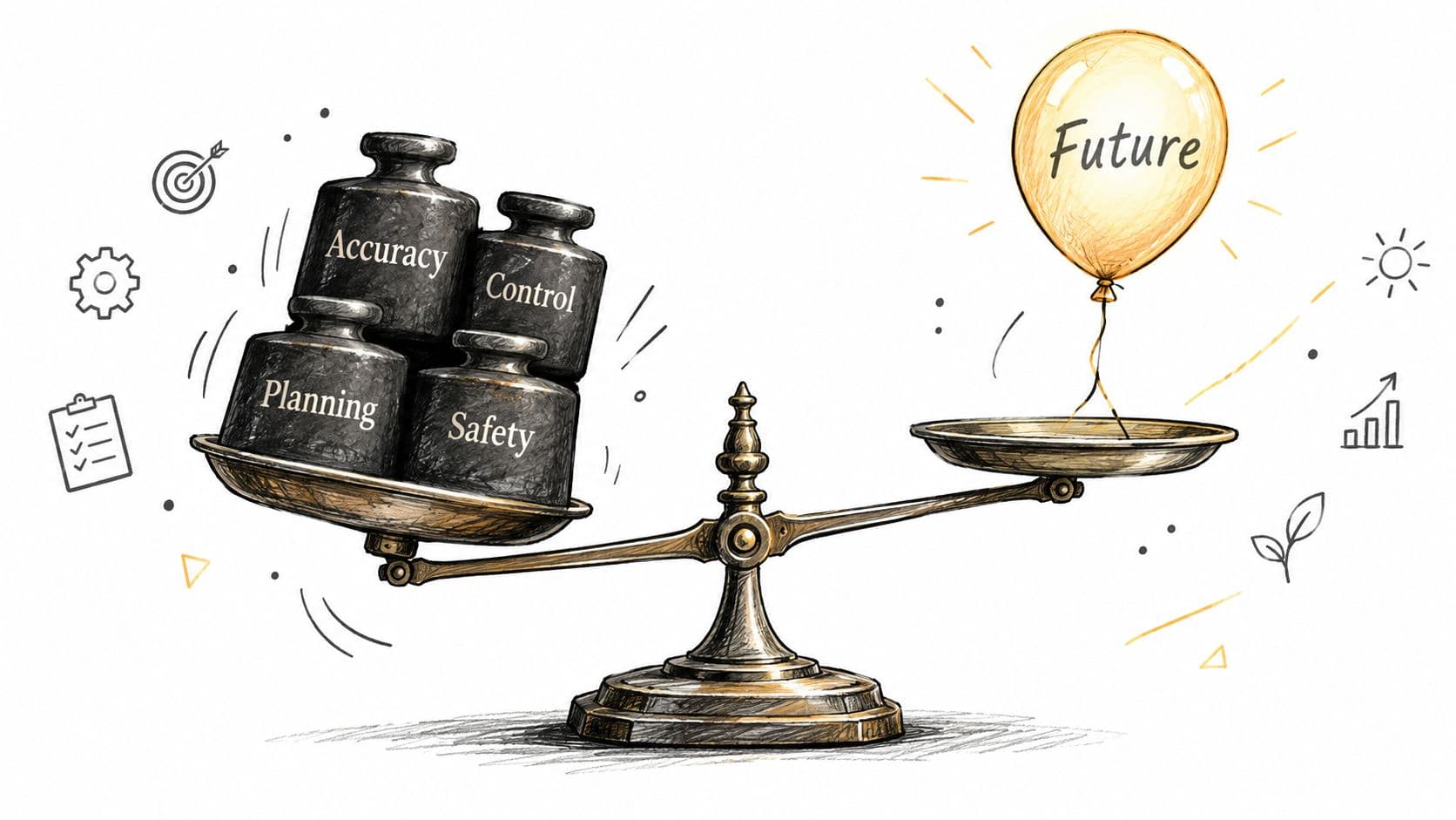 A balanced scale shows heavy weights labeled planning, accuracy, control, and safety countering a light floating balloon.
