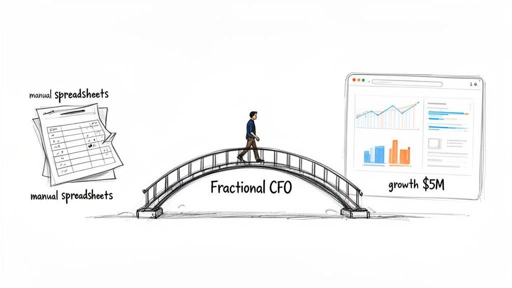 A person crosses a bridge labeled 'Fractional CFO,' moving from manual spreadsheets to a screen showing $5M growth.
