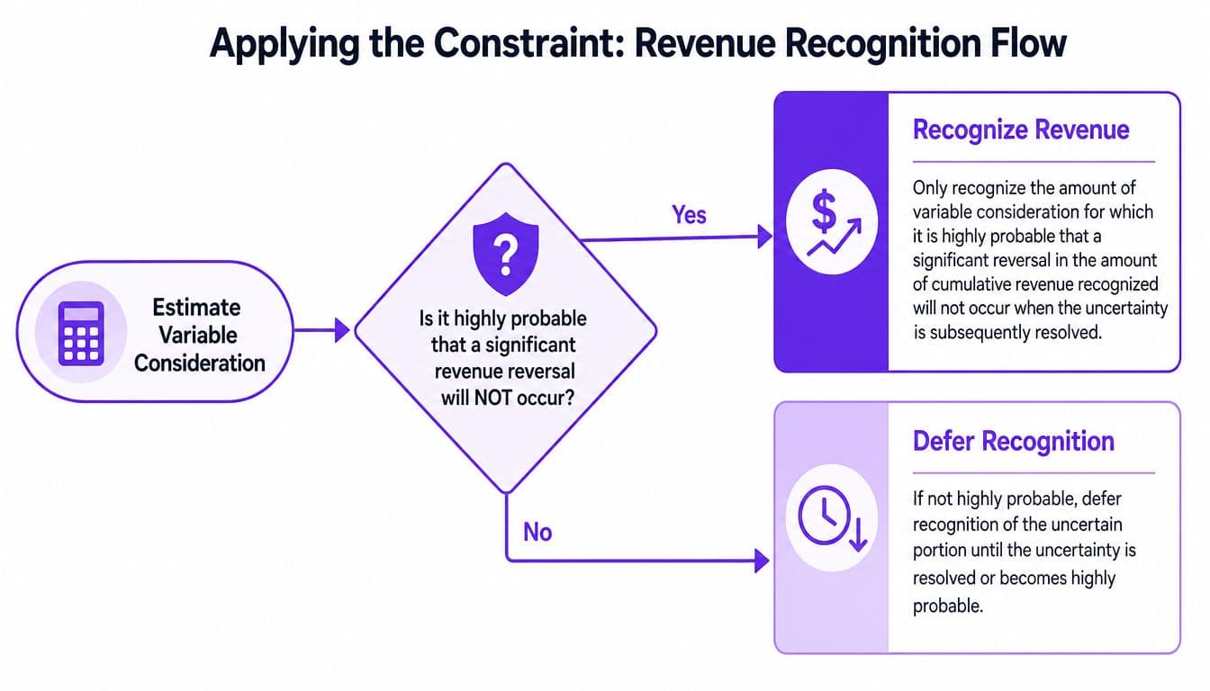 A flowchart showing the revenue recognition flow for applying variable consideration constraints with a decision diamond.