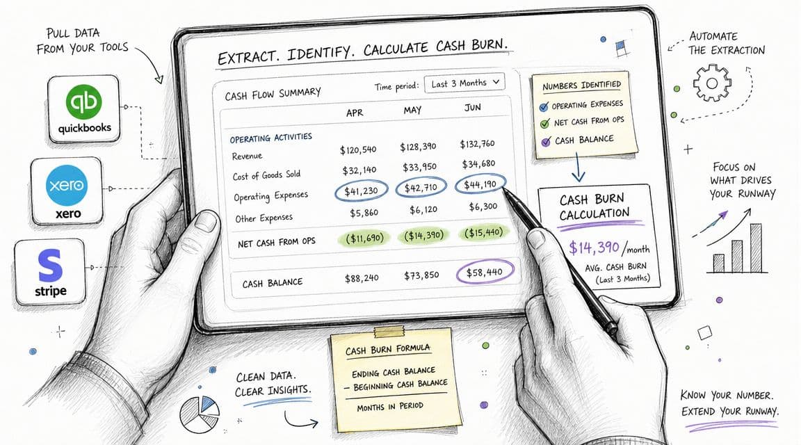 A digital illustration showing a tablet screen displaying a cash flow summary and a cash burn calculation.