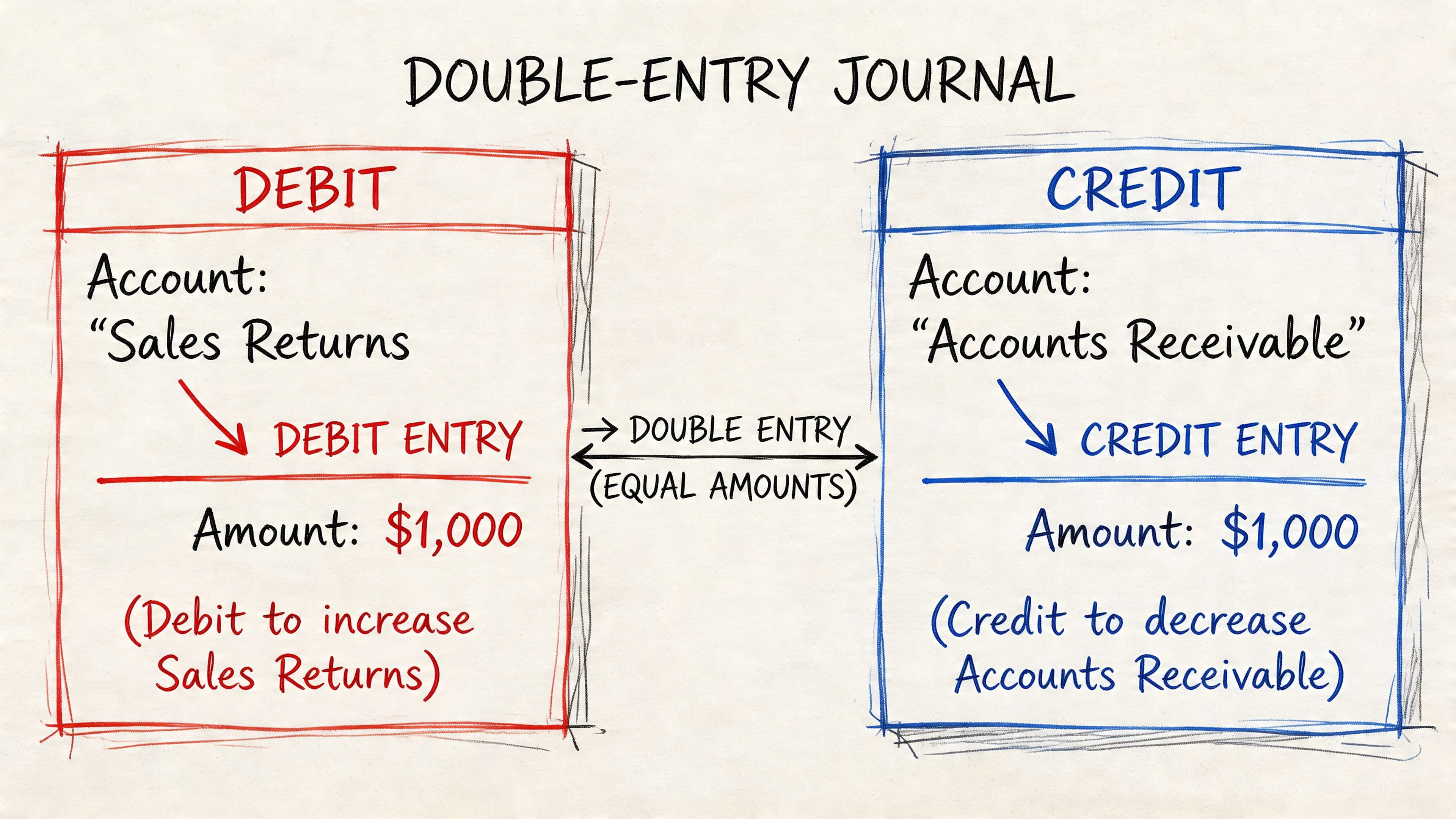 A diagram illustrating a double-entry journal showing a debit to Sales Returns and a credit to Accounts Receivable.