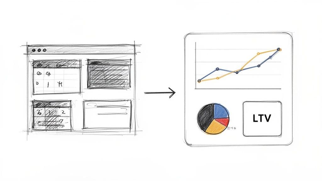 Sketch illustrating raw data transformed into clear visual analytics, including charts and LTV metric.