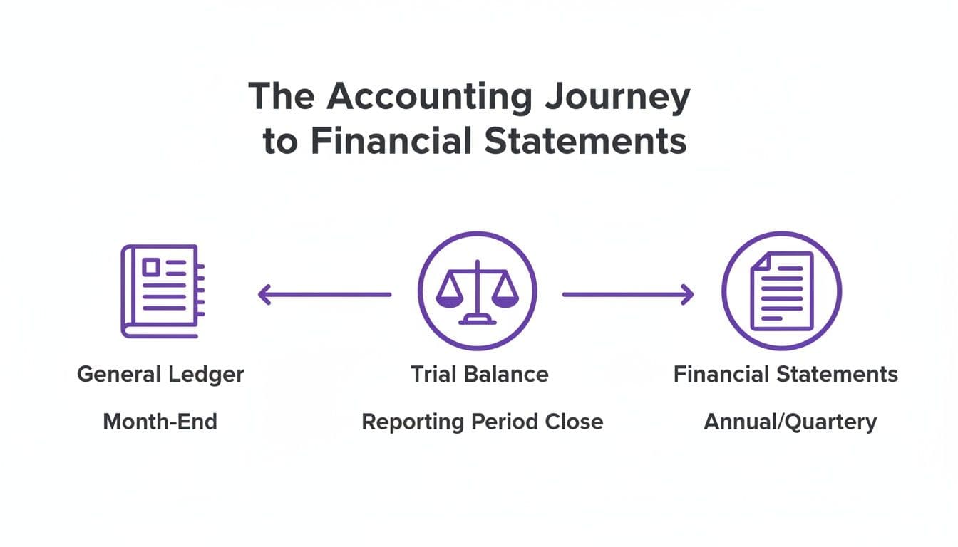 A diagram illustrating the accounting journey from General Ledger to Trial Balance and then to Financial Statements.