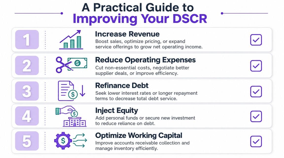 A practical infographic showing five key steps to improve debt service coverage ratio for business financial health.