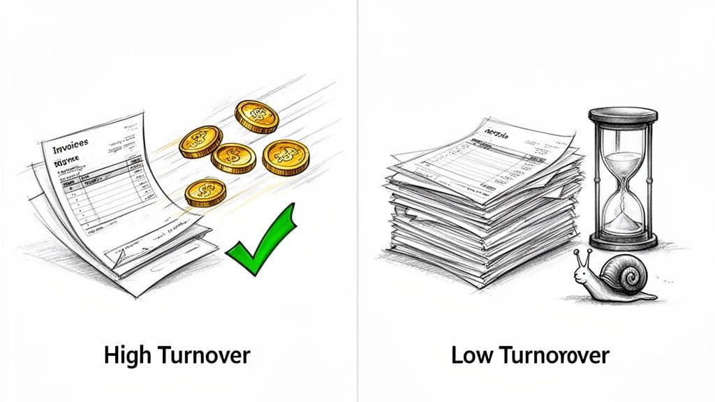 Illustration contrasting high accounts receivable turnover with fast coins and low turnover with slow snail and hourglass.