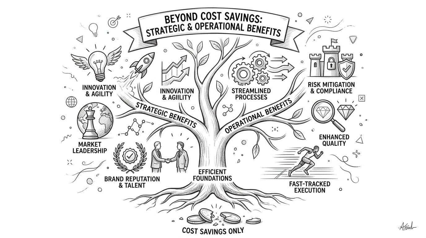 A hand-drawn illustration depicting a tree where cost savings form the roots, leading to strategic and operational benefits.