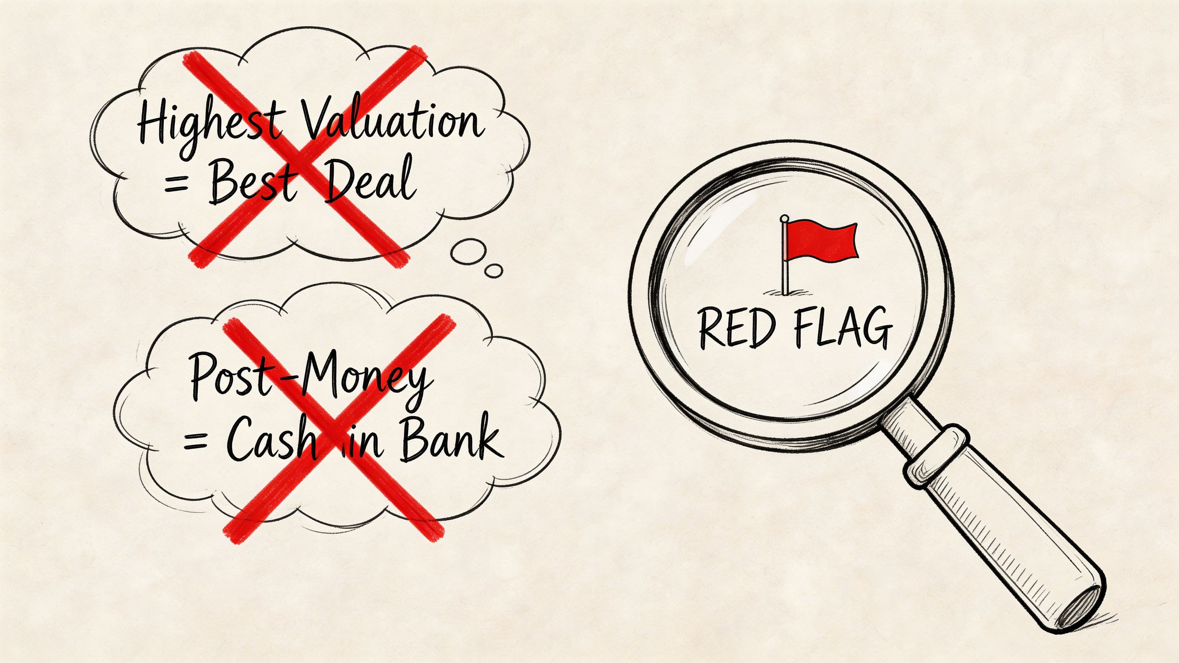 A conceptual infographic highlighting common startup misconceptions about post-money valuation and deal quality as red flags.