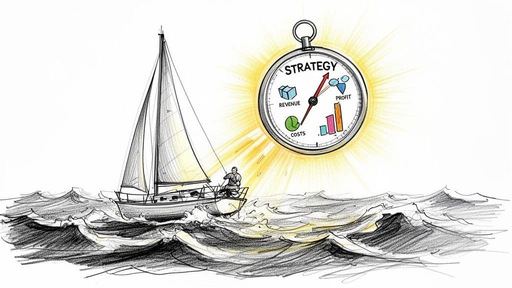 A sketched illustration showing a sailor steering a boat guided by a glowing strategy compass.