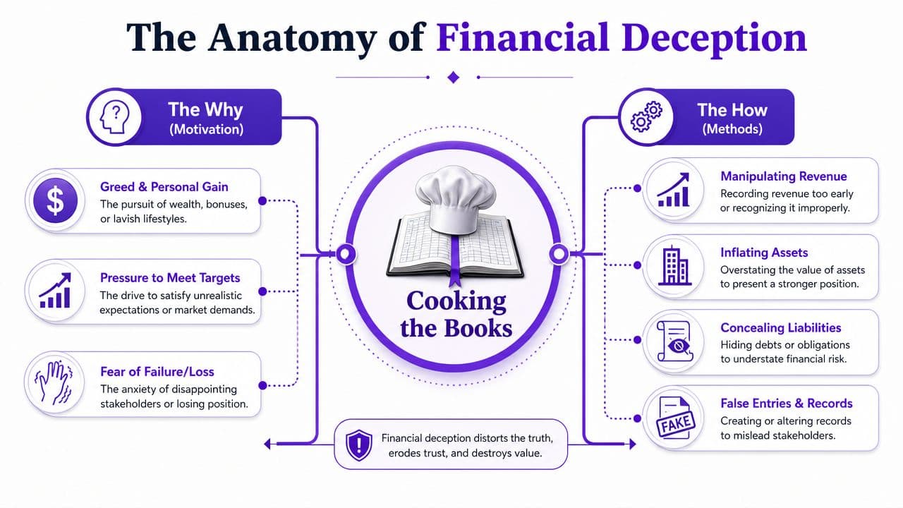 An infographic titled The Anatomy of Financial Deception explaining the motivations and methods behind cooking the books.