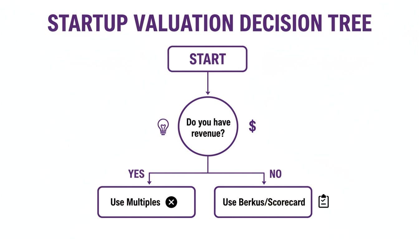 A startup valuation decision tree flowchart for choosing methods based on revenue presence.