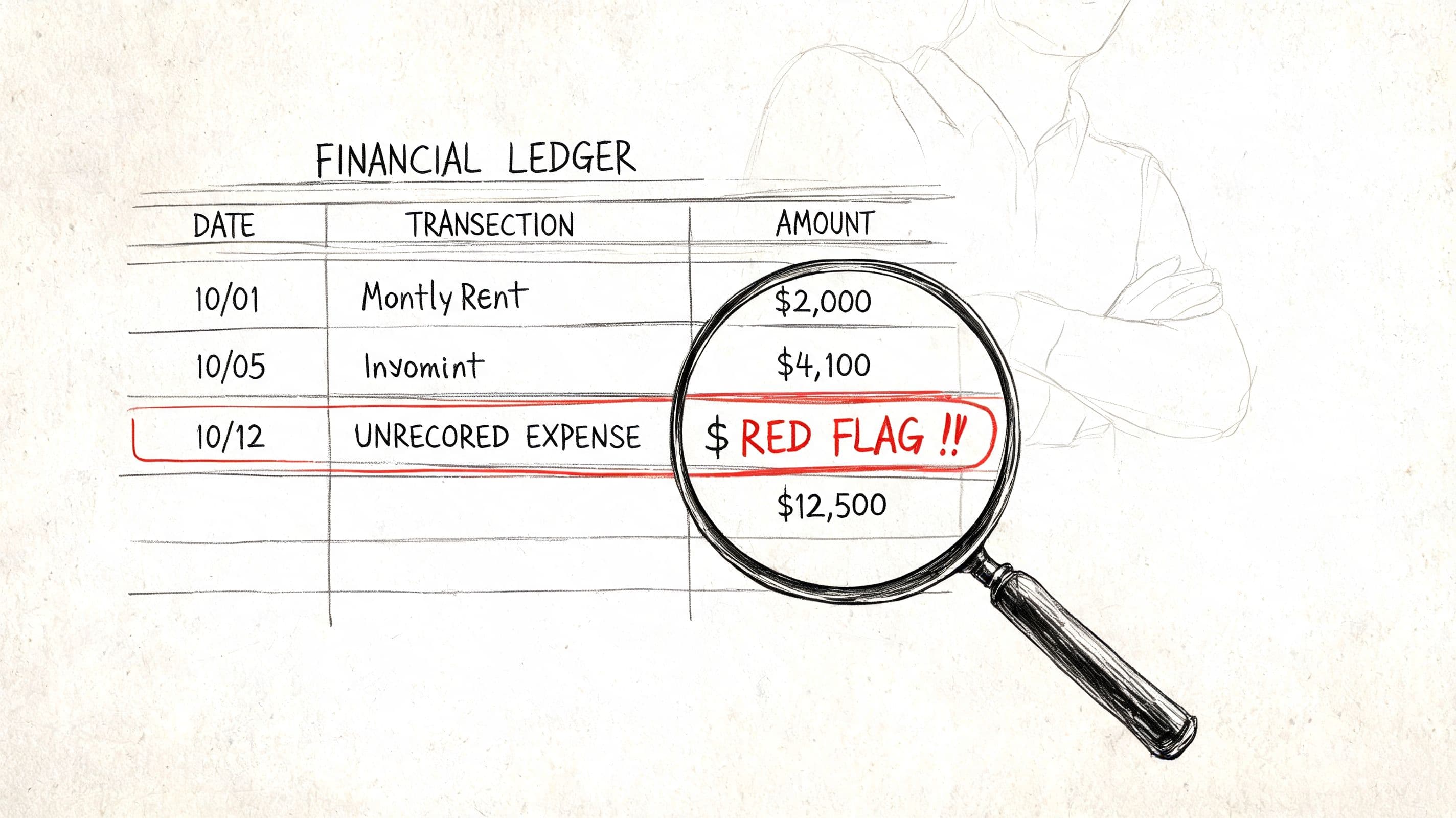 A hand-drawn financial ledger table being inspected by a magnifying glass highlighting a red flag warning.