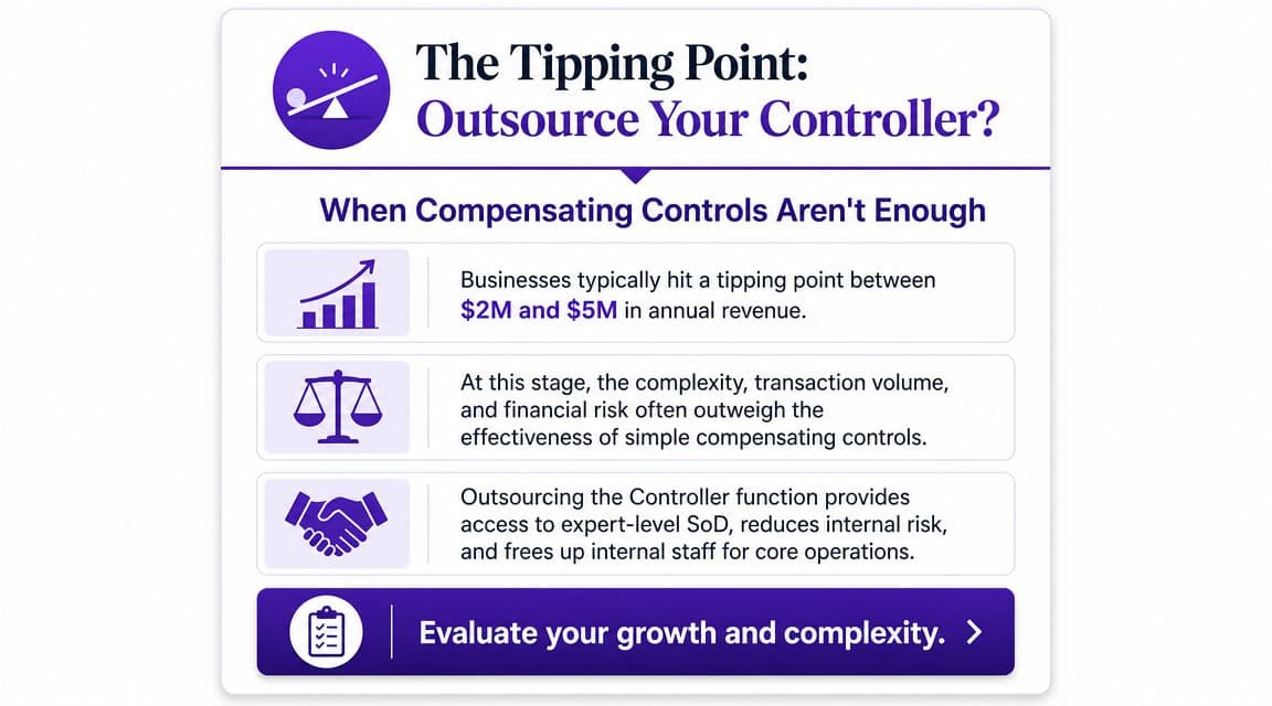 An infographic titled The Tipping Point, explaining when businesses should consider outsourcing their controller function.