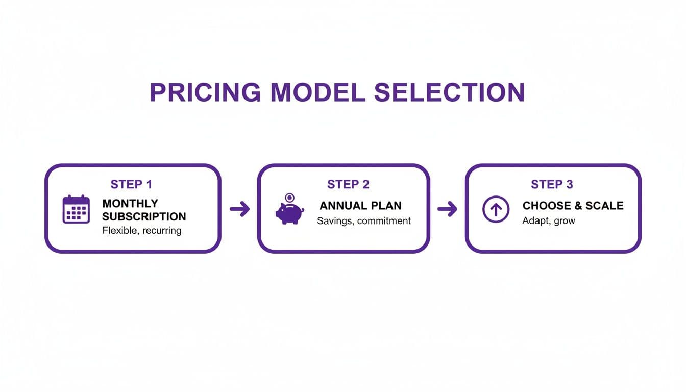 A diagram showing three steps for pricing model selection: monthly, annual, and choose & scale.
