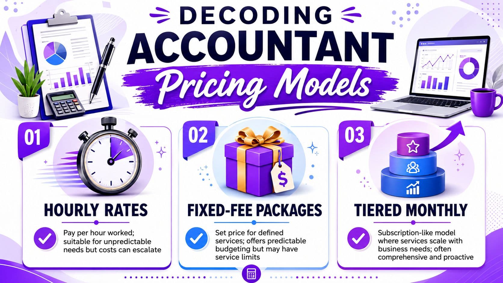 An infographic explaining three common accountant pricing models: hourly rates, fixed-fee packages, and tiered monthly subscriptions.