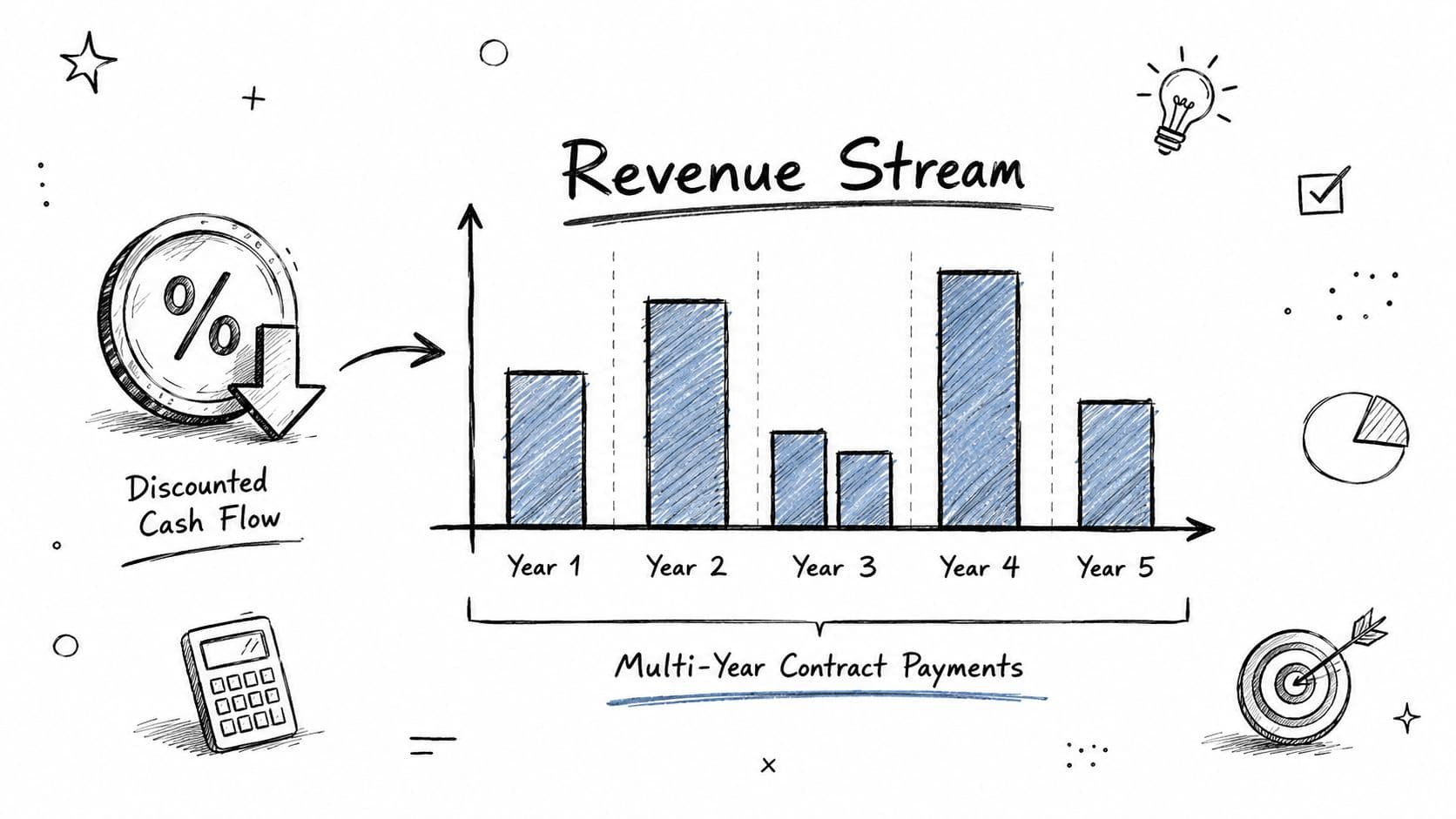 A hand-drawn illustration showing a discounted cash flow and a bar chart representing multi-year contract payments.