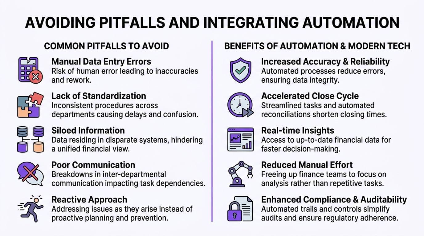 A comparison chart showing common financial pitfalls versus benefits of modern automation and technological integration.