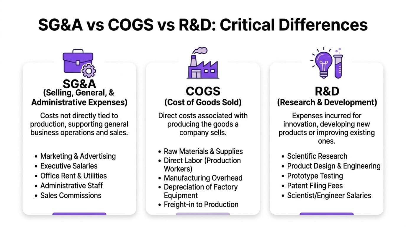 An infographic showing the core definitions and bulleted examples of SG&A, COGS, and R&D business expenses.