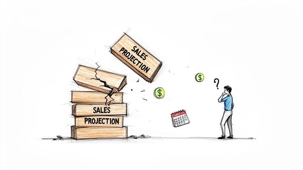 Illustration of sales projections failing, showing cracked blocks, falling money, and a confused person.