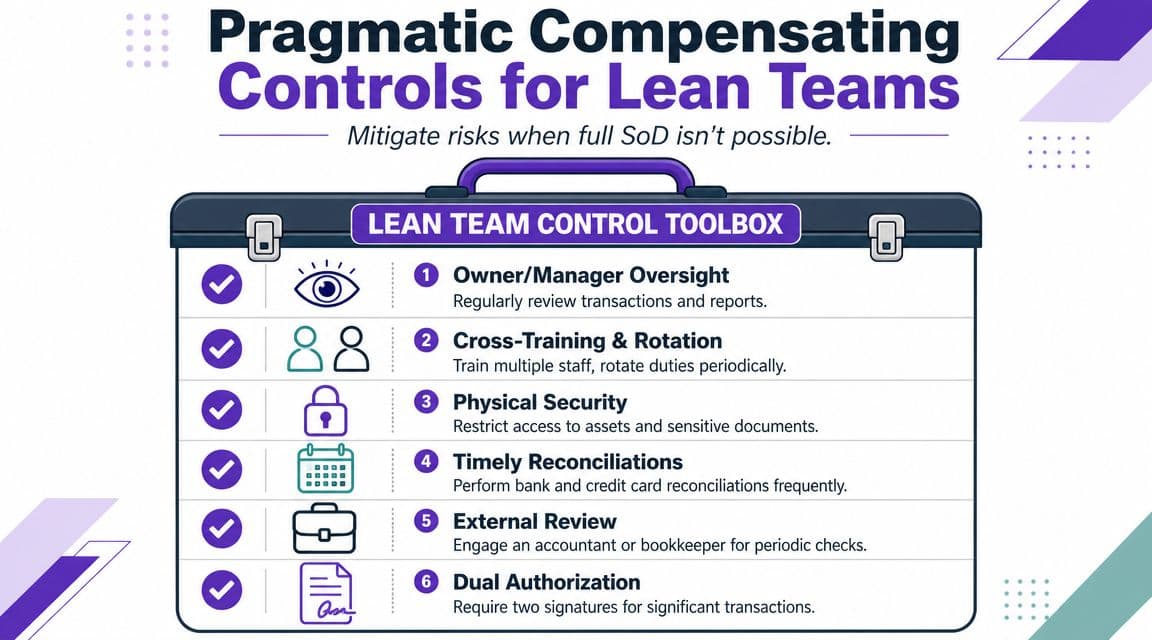 An infographic titled Pragmatic Compensating Controls for Lean Teams detailing six strategies to mitigate risks.