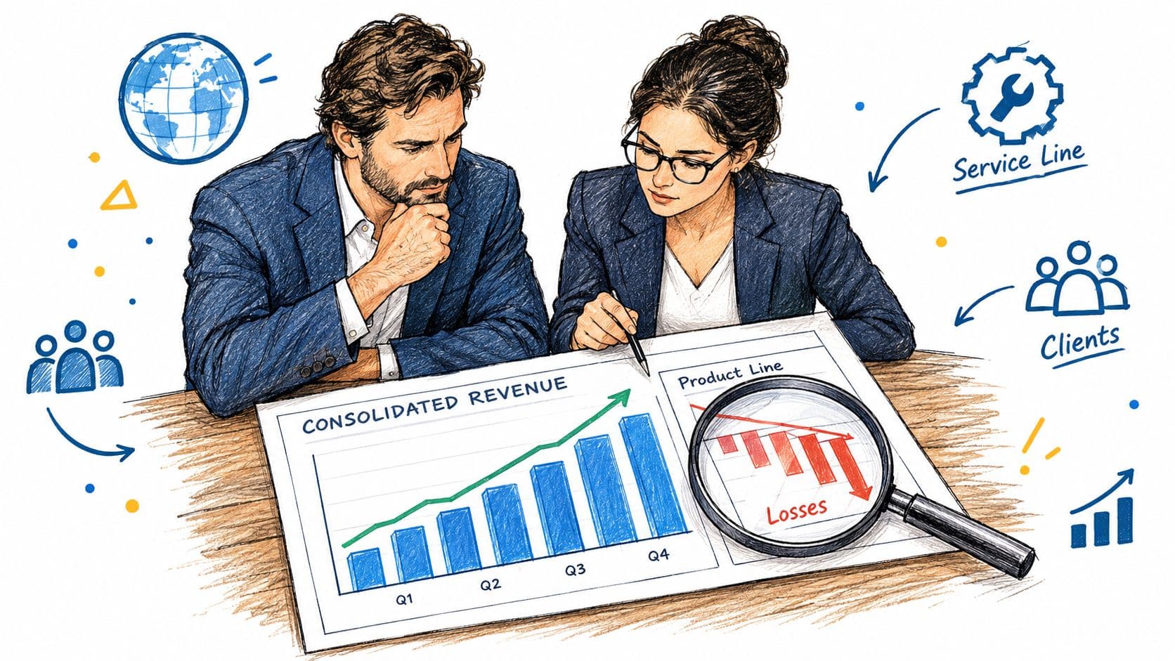 A business team analyzing consolidated revenue growth and product line losses using financial charts and graphs.