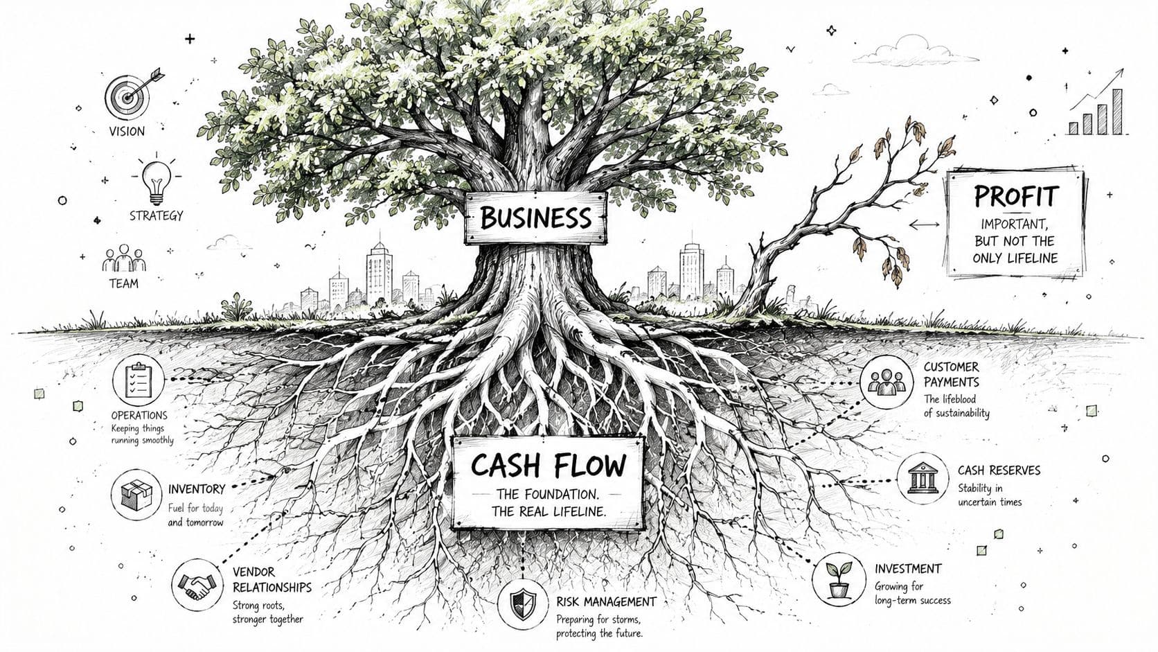 An illustration showing a tree representing a business, emphasizing cash flow as its foundational lifeline and roots.