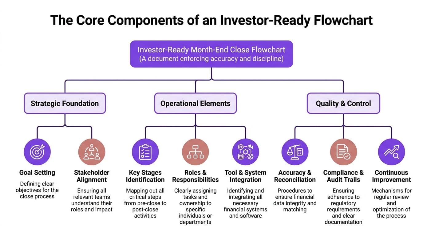 A diagram outlining the core components of an investor-ready month-end close flowchart for organizational financial reporting.