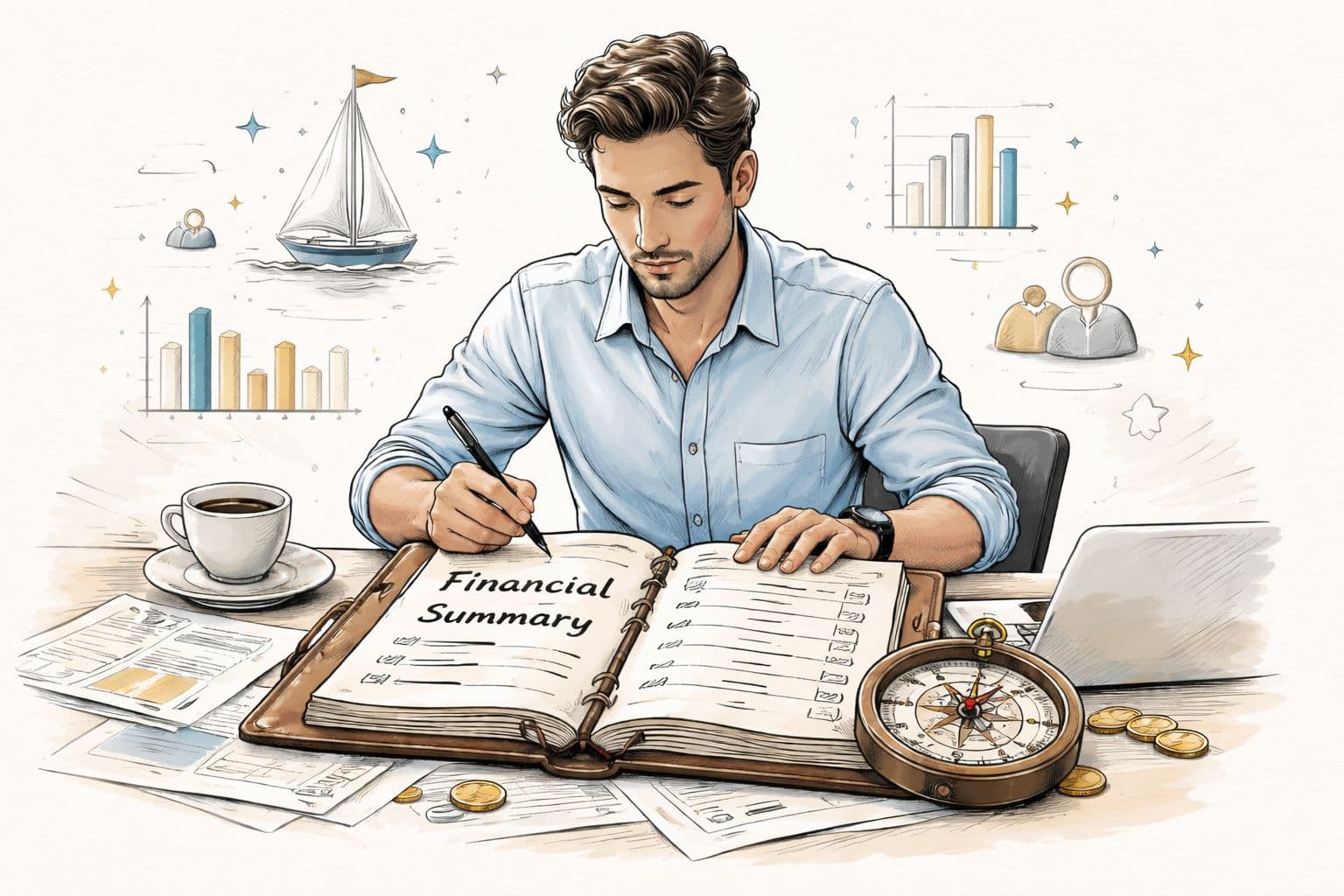 A professional man writing in a financial summary journal at his desk with charts and a compass.