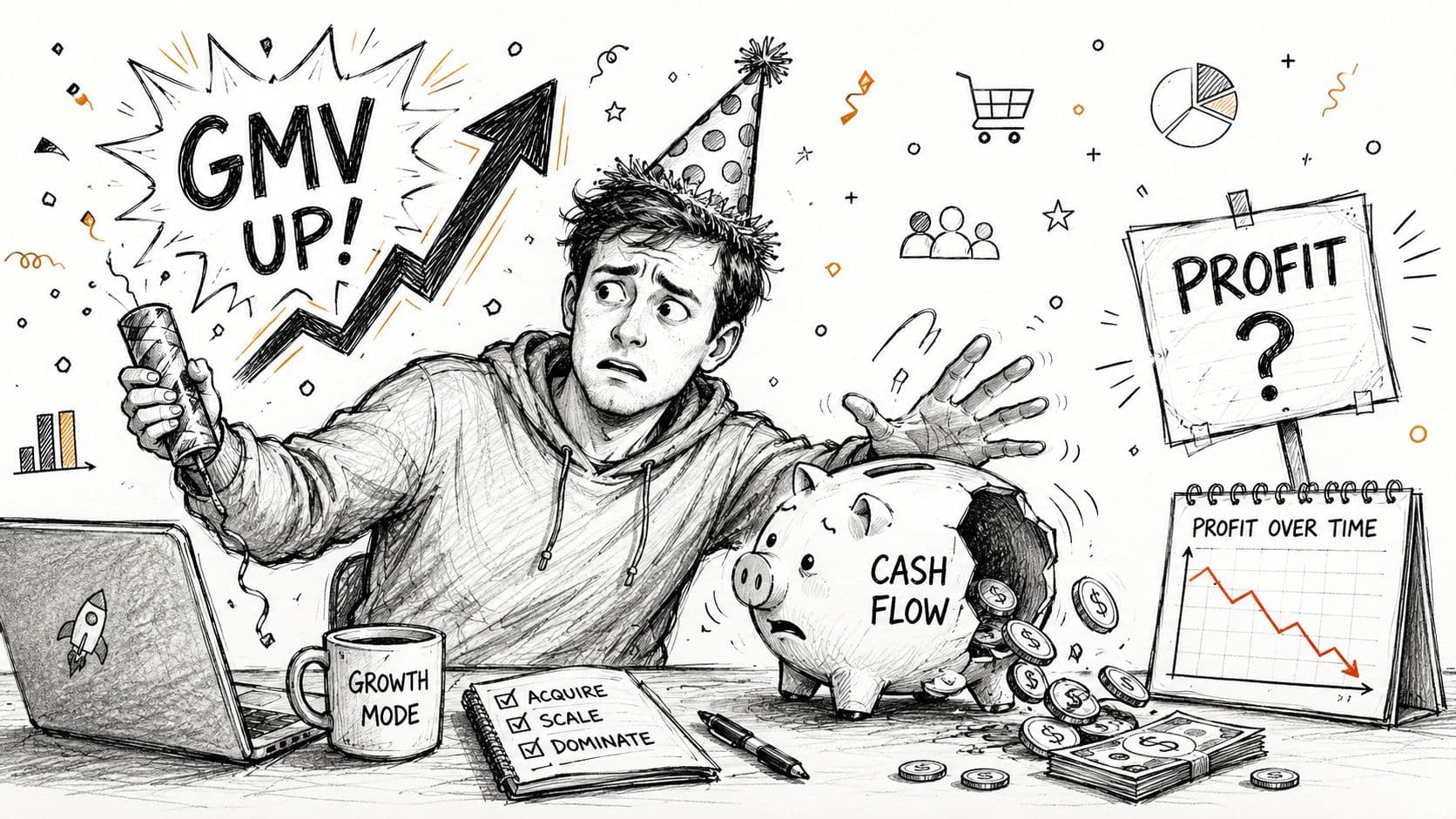 A worried entrepreneur in a party hat celebrates GMV growth while his cash flow piggy bank breaks.