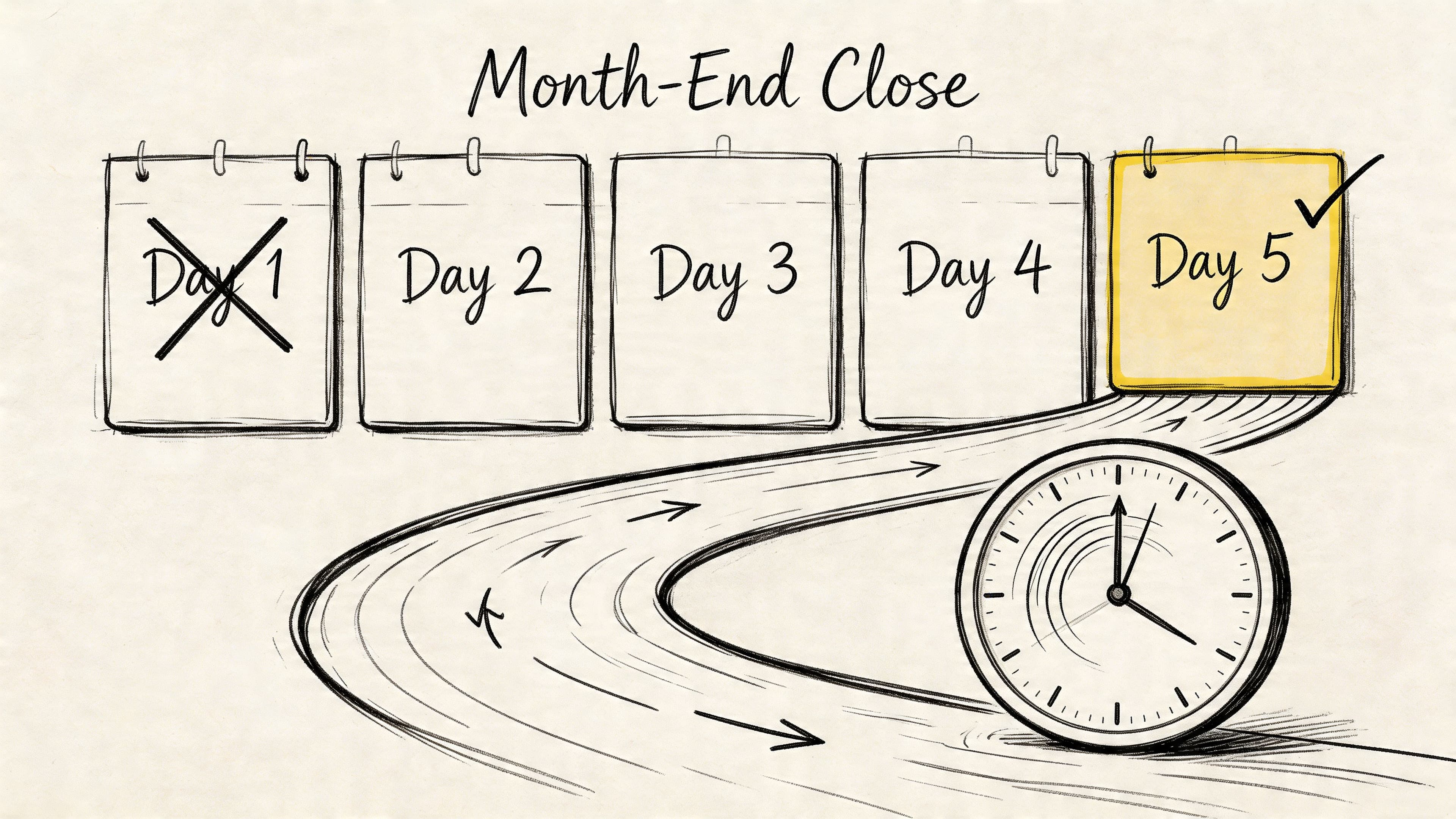 A hand-drawn illustration depicting a five-day month-end close process with a timeline and a clock.