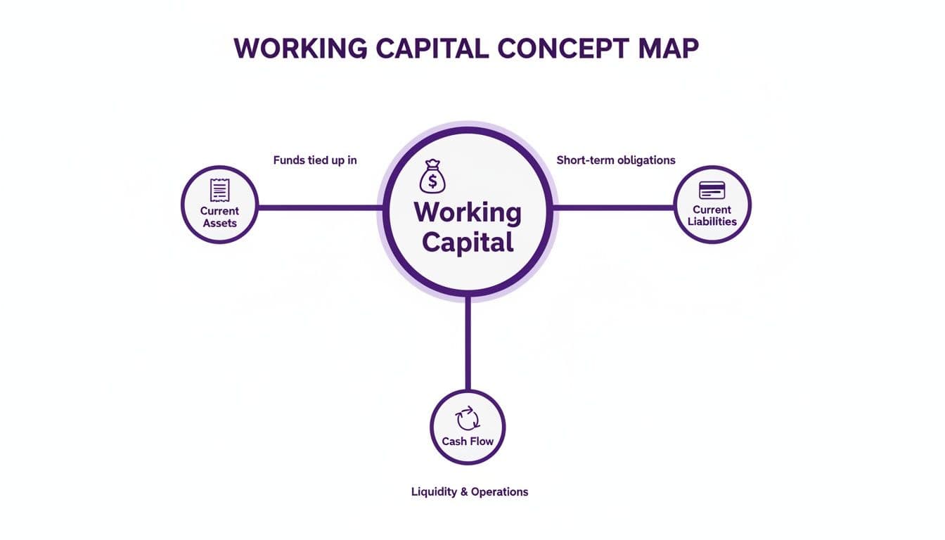 A concept map illustrating working capital, showing its relationship with current assets, current liabilities, and cash flow.