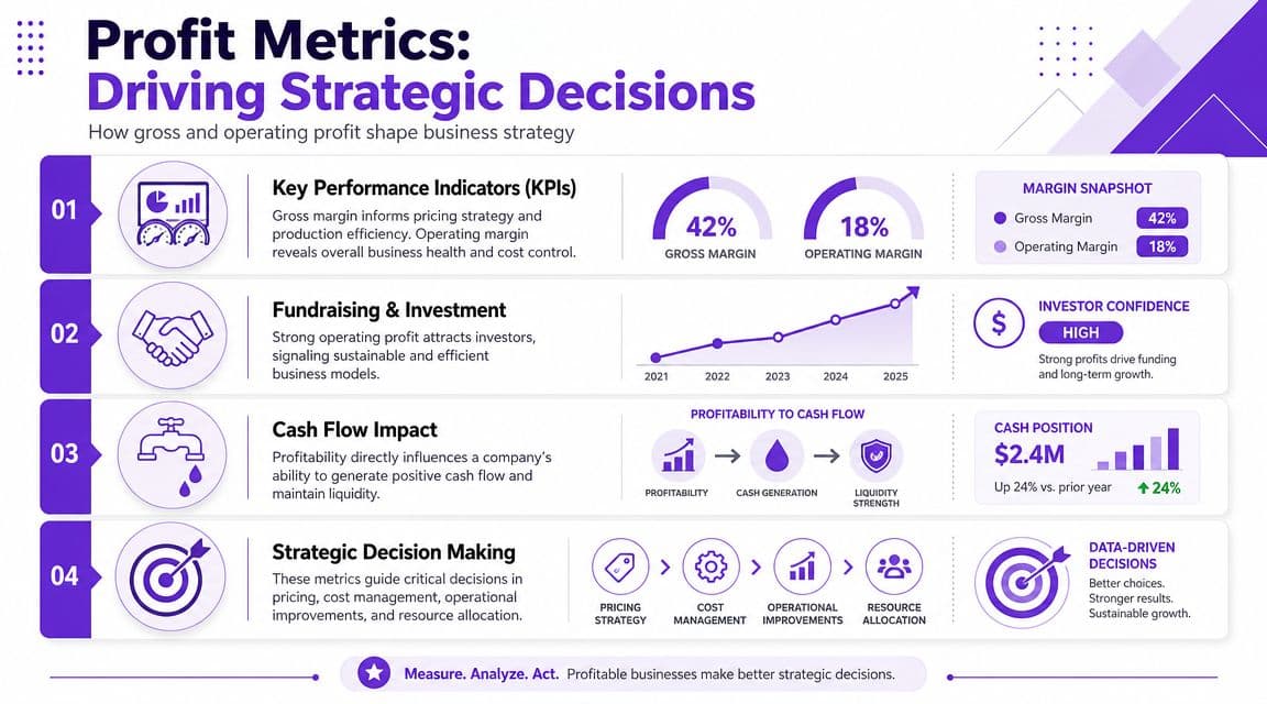 An infographic detailing how gross and operating profit metrics guide strategic business decisions and financial planning.