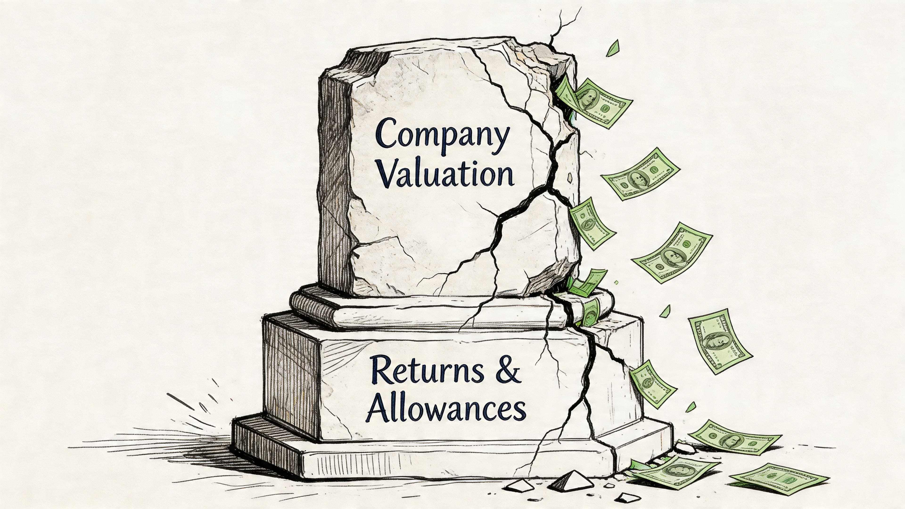 A cracked stone pedestal labeled Company Valuation and Returns & Allowances with dollar bills leaking out.