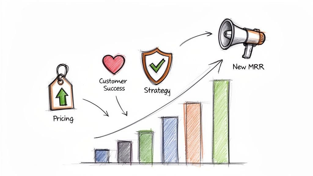 Hand-drawn illustration showing pricing, customer success, and strategy driving growth towards new monthly recurring revenue.