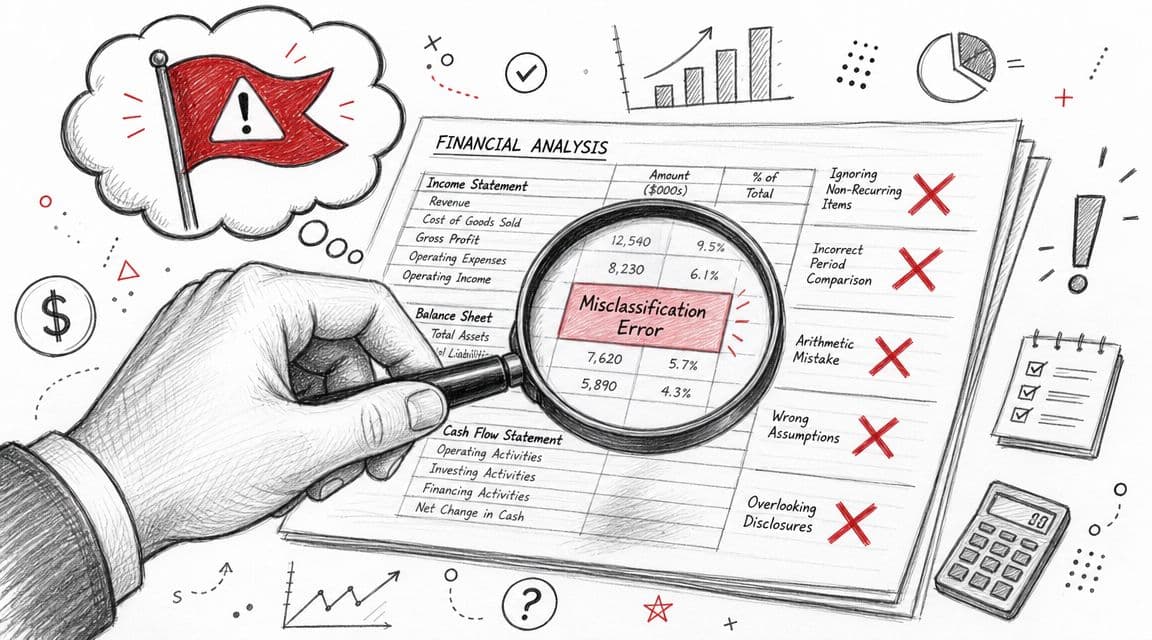 A hand using a magnifying glass to inspect financial statement errors marked with red X symbols.