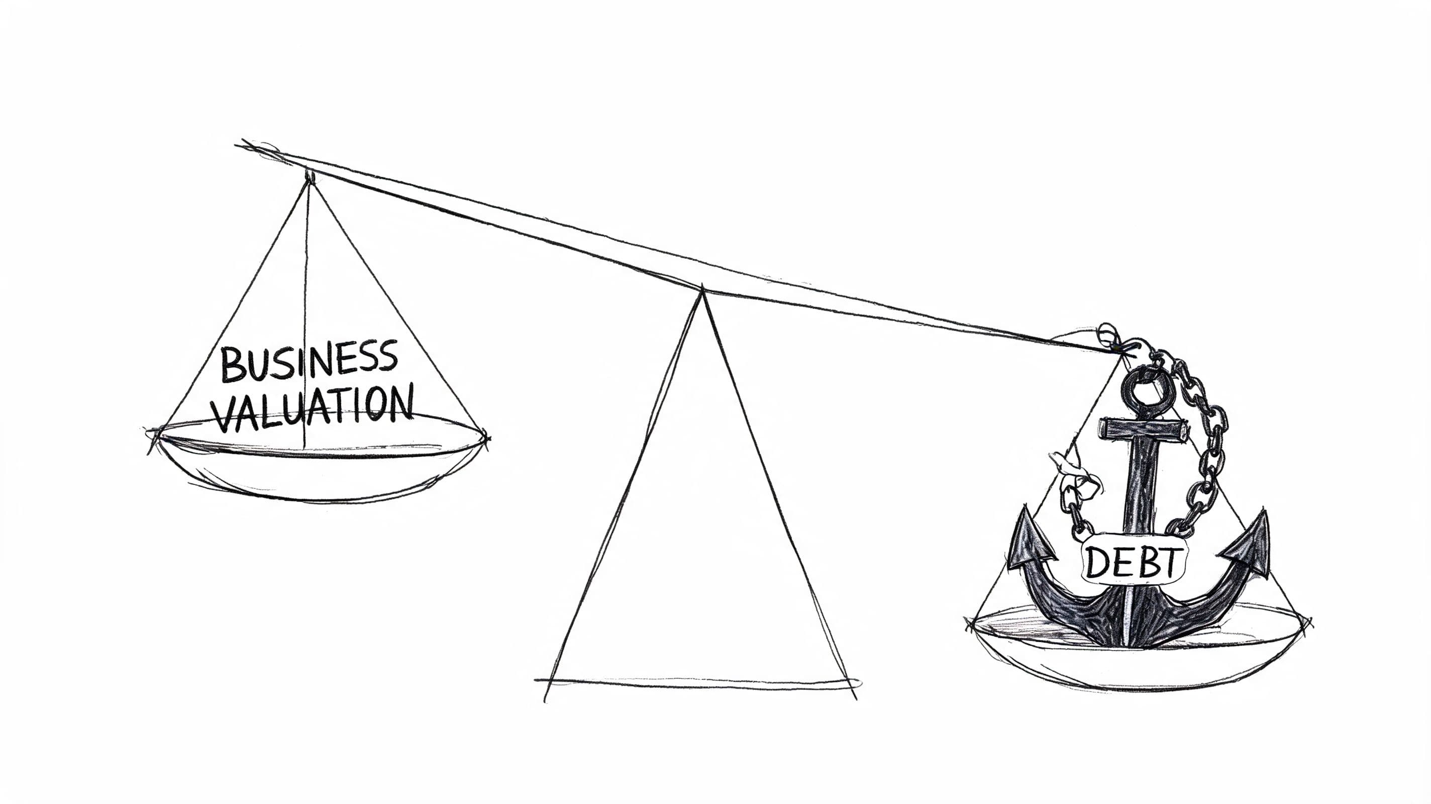A conceptual sketch of a scale showing an anchor representing debt weighing down business valuation.