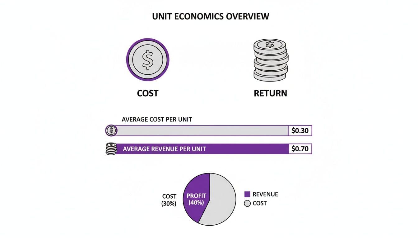 Unit economics overview displaying average cost ($0.30) and revenue ($0.70) per unit, alongside profit and cost breakdown.