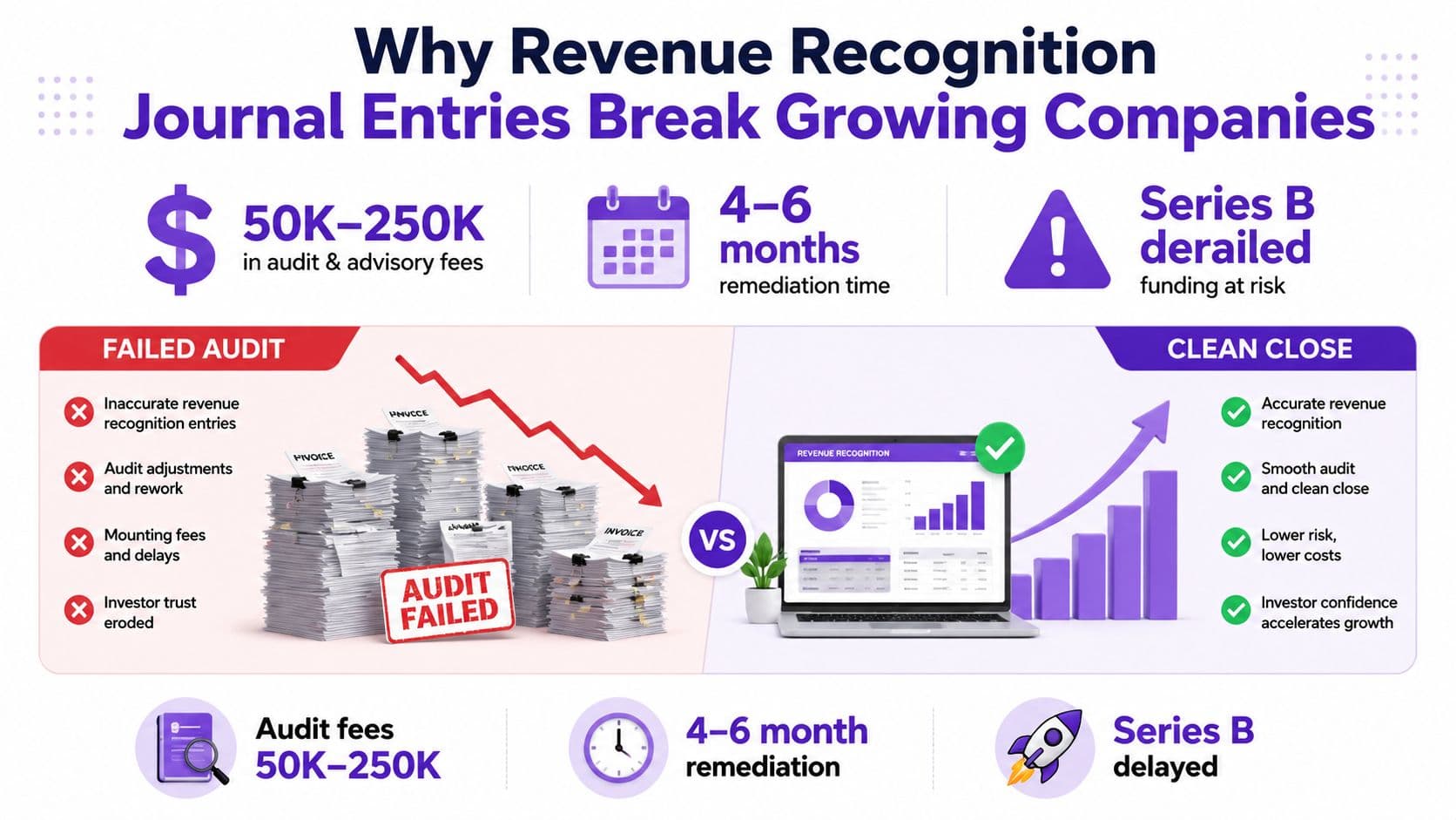 An infographic showing how inaccurate revenue recognition journal entries negatively impact growing businesses and Series B funding.