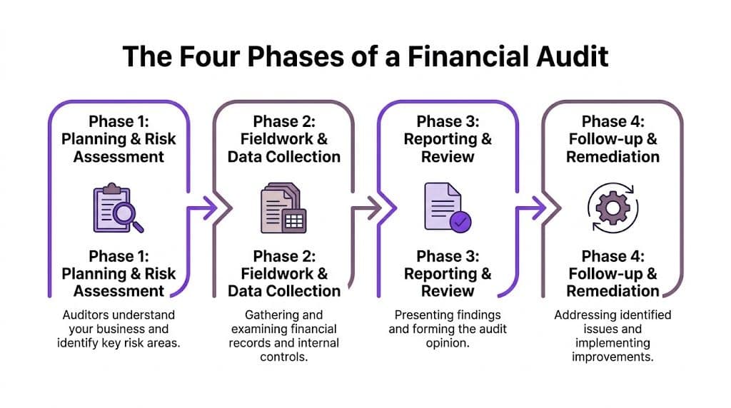 A diagram outlining the four distinct phases of a financial audit process from planning to remediation.