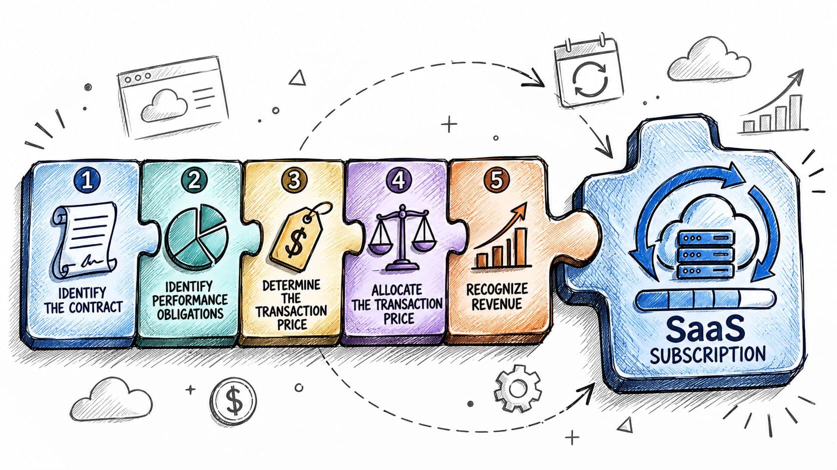 A hand-drawn illustration detailing the five-step revenue recognition process for a SaaS subscription model.