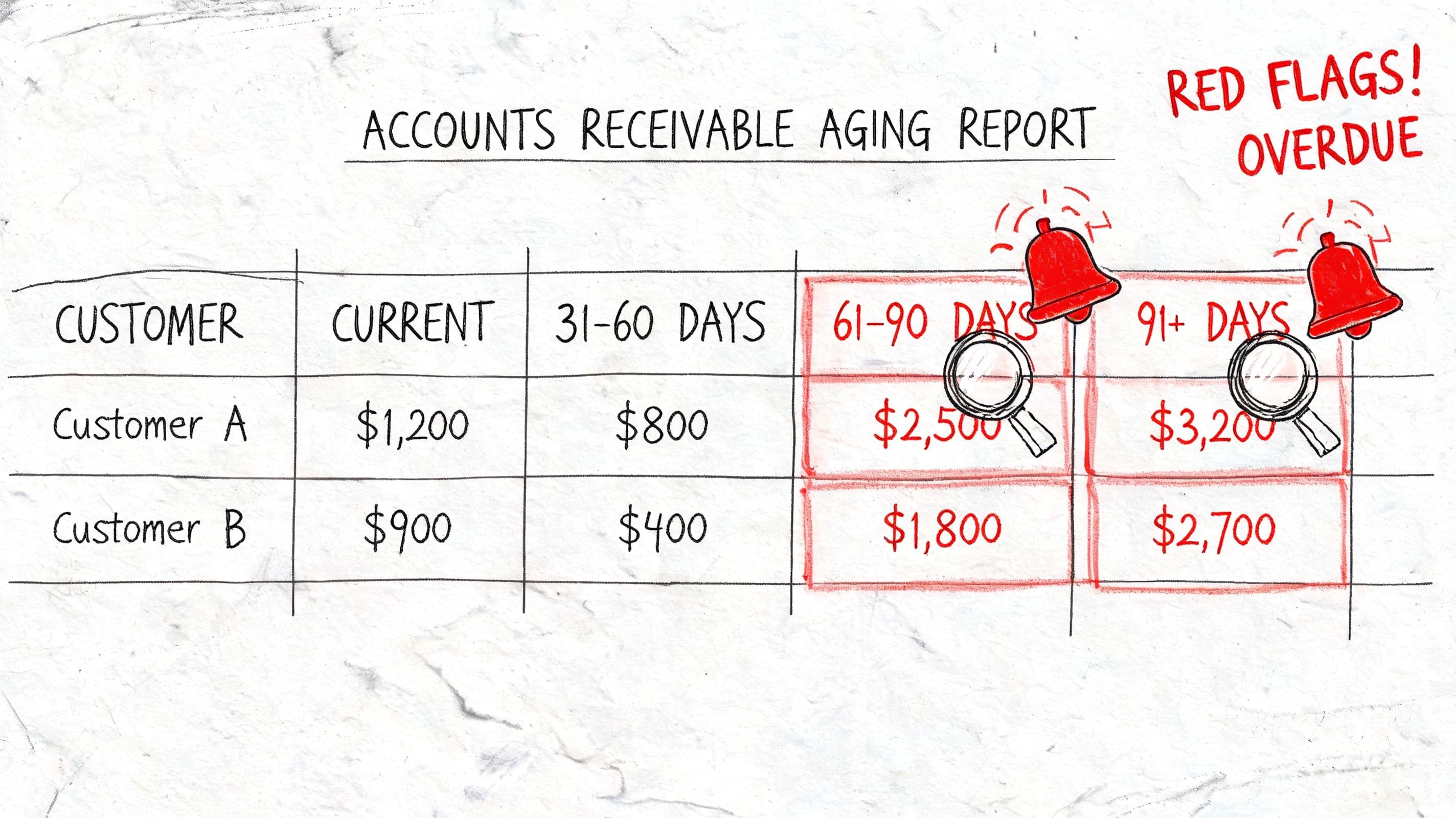 An accounts receivable aging report table showing current and overdue payment balances for two different customers.