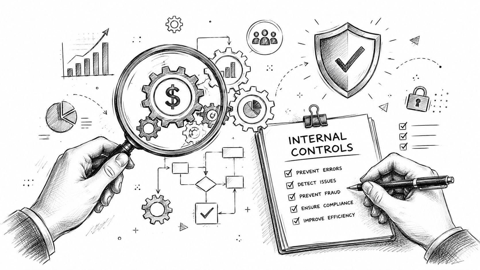 A hand holds a magnifying glass over financial gears while another hand audits an internal controls checklist.