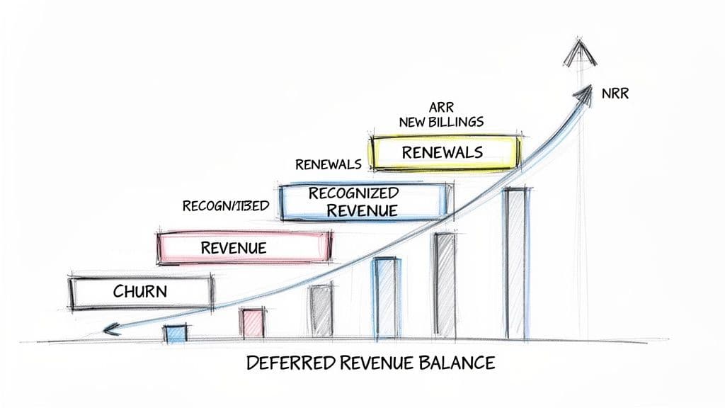 A hand-drawn chart illustrating the revenue lifecycle from deferred balance to net revenue retention (NRR).